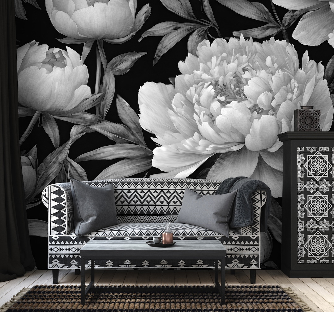 Black & White Peony Dark Floral Wall Mural, Dark Floral Wallpaper ...