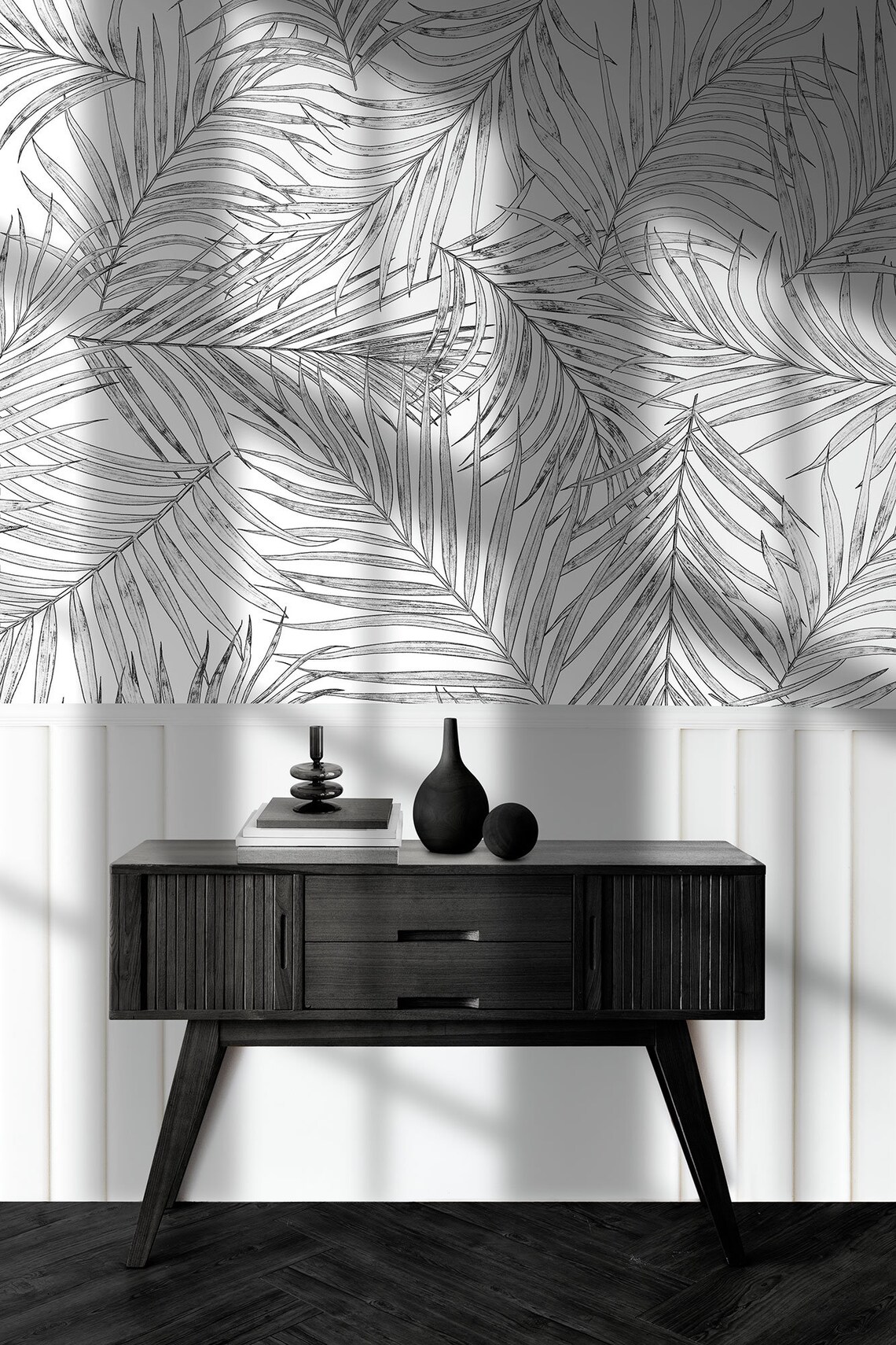 Light Palm Leaf Wall Mural, White Tropical Leaves Wallpaper • Peel and ...