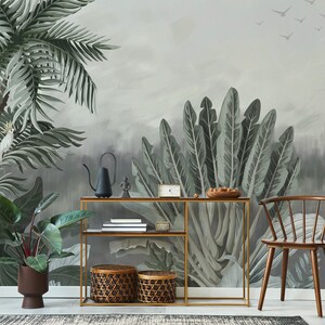 Tropical Tree Faded Green Gray Wallpaper, Palm Tree & Banana Tree Wall Mural• Peel and Stick *self adhesive* or Non-Pasted Vinyl Materials •