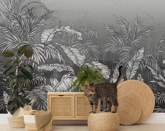 Papel pintado abstracto de jungla en blanco y negro, mural de pared de hojas tropicales • Autoadhesivo o de vinilo sin adhesivo •
