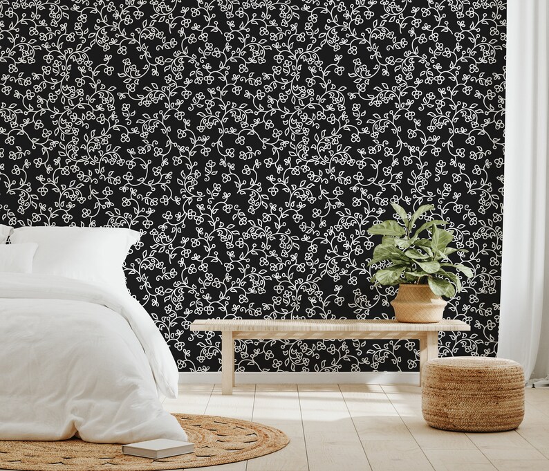 Black Wallpaper With Small Vector Floral Pattern Self Etsy