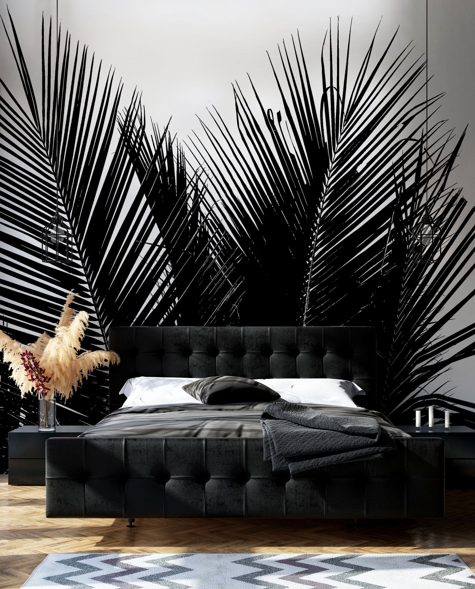 Black and White Summer Palm Leaves Wallpaper | Self Adhesive | Peel ...