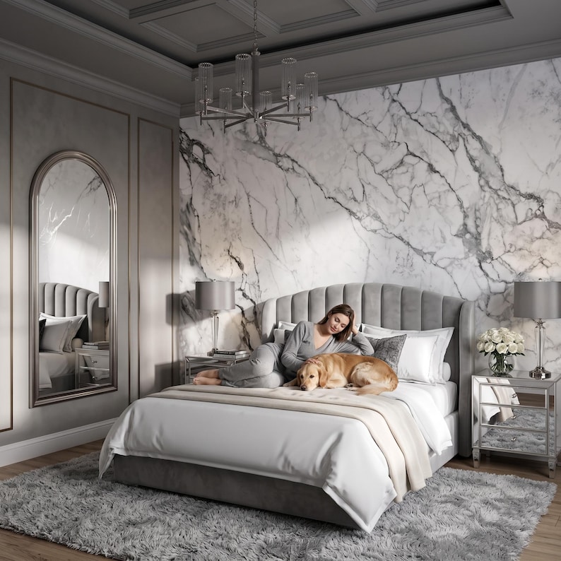 Papel pintado de mármol blanco, mural de pared de piedra natural, decoración del hogar, autoadhesivo o papel vinílico tradicional. imagen 3