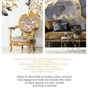 May include: Two mockups of wallpaper designs. The first design features a floral pattern in gold and white on a textured background. The second design features a marble pattern in black and gold. The text "There are no metallic/shiny effects to the wallpapers. The finish is matte. Gold elements of the designs will be printed in yellow/olive/brown colours, but it won't change much the overall look of given design. Keep in mind that in reality colours of print may happen to look not exactly the same as they appear on your screen and that is normal. Our mockups are demonstrative. We do our best to make the wallpapers look as authentic as we can, but it's not always possible to achieve such result. BLACK AND WHITE WALL" is visible at the bottom of the image.