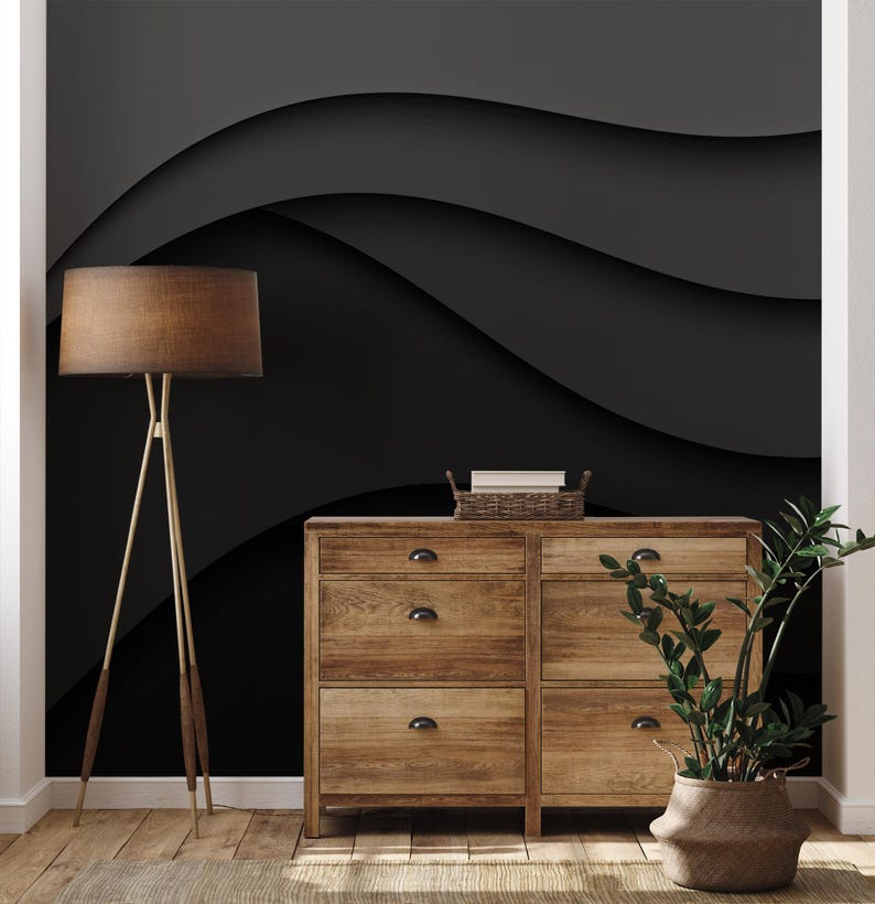 Buy Black and White Wallpaper, Modern Abstract Waves Wall Mural Peel