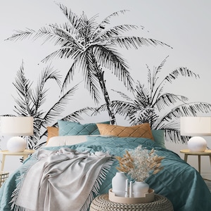 Hand Drawn Palm Trees Tropical Black & White Wallpaper • Peel and Stick *self adhesive* or Non-Pasted Vinyl Materials •