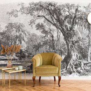 Trees & Lake Vintage Hand Drawn Monochrome Scenery Wallpaper • Peel and Stick *self adhesive* or Non-Pasted Vinyl Materials •