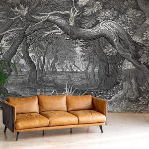 Lake & Forest Engraving/Etching Style Wallpaper, Vintage Wall Art Mural • Peel and Stick *self adhesive* or Non-Pasted Vinyl Materials •