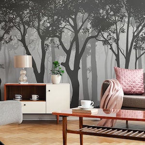 Abstract Forest Wallpaper, Black & White Trees Wall Mural • Peel and Stick *self adhesive* or Non-Pasted Vinyl Materials •