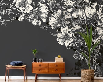 Gray wallpaper with elegant floral side pattern | Self adhesive | Peel & Stick | Repositionable removable wallpaper