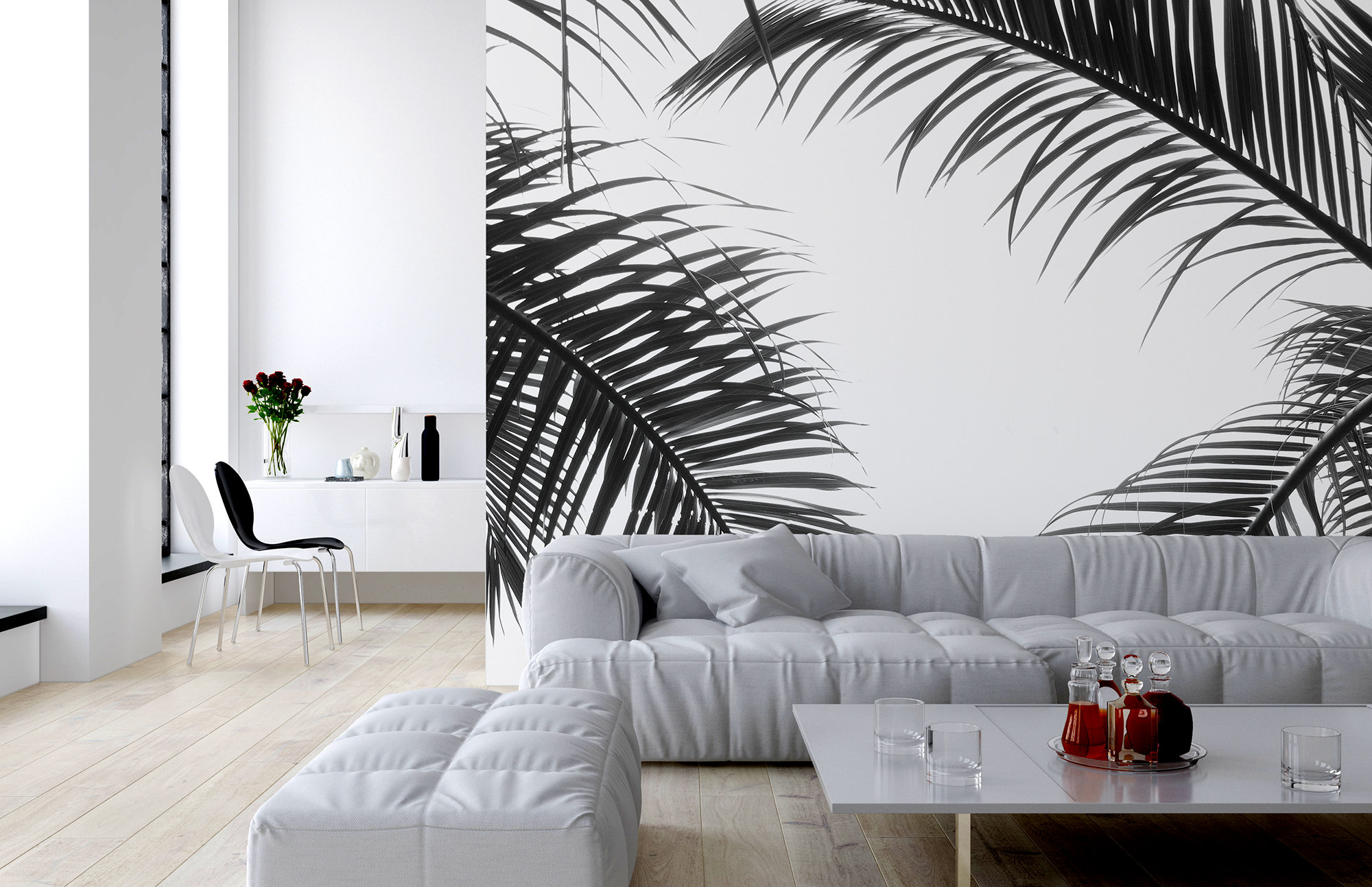White Wallpaper With Black Palm Leaves Hanging Self Adhesive Etsy
