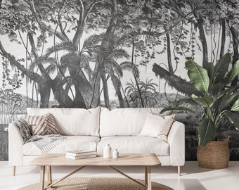 Black and white tropical jungle art wallpaper | Self adhesive | Peel & Stick | Repositionable removable wallpaper