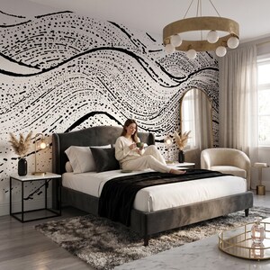 Papel pintado con estampado de olas punteadas en blanco y negro, arte abstracto para pared, decoración del hogar, autoadhesivo o de vinilo tradicional.
