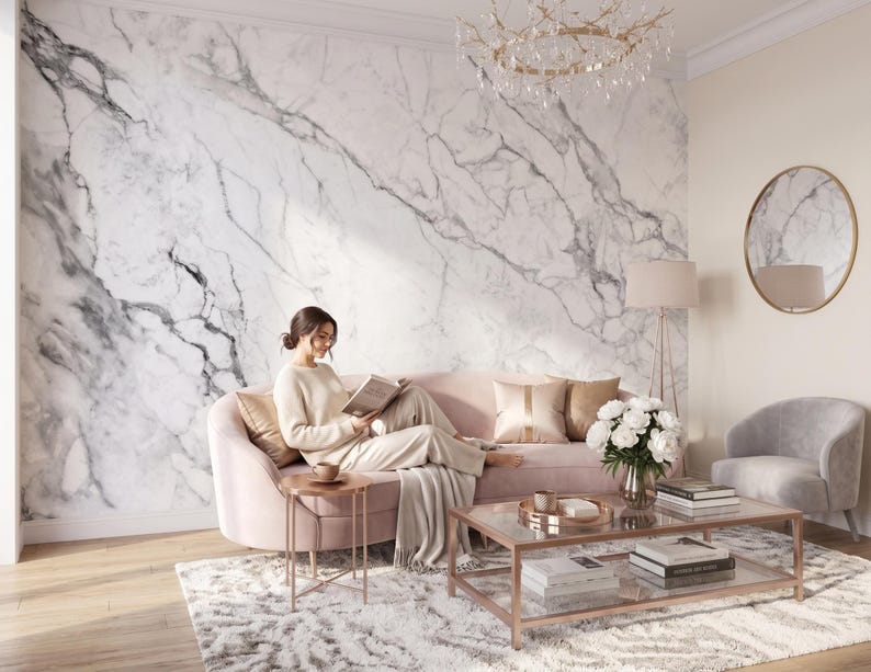 Papel pintado de mármol blanco, mural de pared de piedra natural, decoración del hogar, autoadhesivo o papel vinílico tradicional. imagen 1