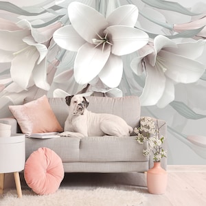 White wallpaper with hanging lily flowers | Self adhesive | Peel & Stick | Repositionable removable wallpaper