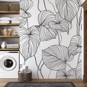 White wallpaper with black vector tropical leaf line art pattern | Self adhesive | Peel & Stick | Repositionable removable wallpaper