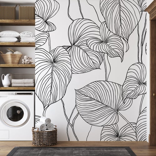 White Wallpaper With Black Vector Tropical Leaf Line Art Etsy