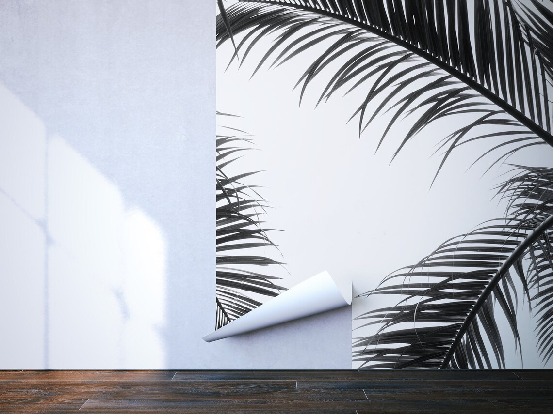 White Wallpaper With Black Palm Leaves Hanging Self Adhesive Etsy