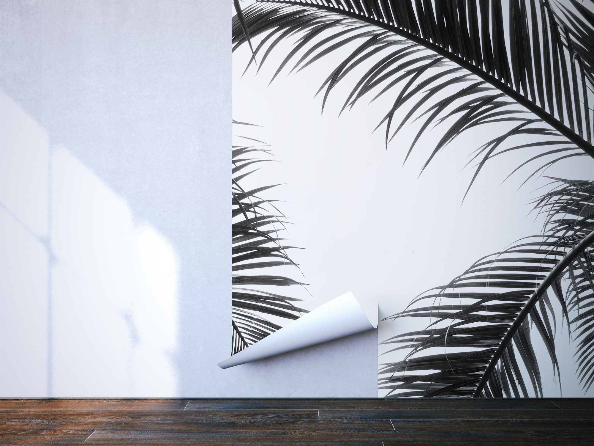 White Wallpaper With Black Palm Leaves Hanging | Self Adhesive | Peel ...