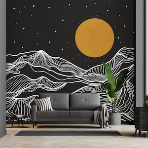 Abstract night sky and mountain line art wallpaper | Self adhesive | Peel and Stick | Repositionable removable wallpaper