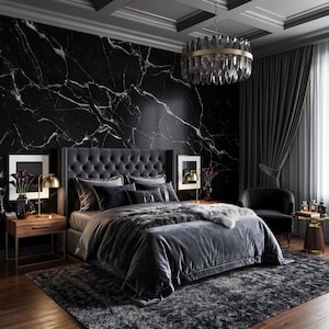 Papel pintado de mármol negro rayado, mural de pared de mármol natural oscuro, decoración del hogar, autoadhesivo o papel vinílico tradicional.