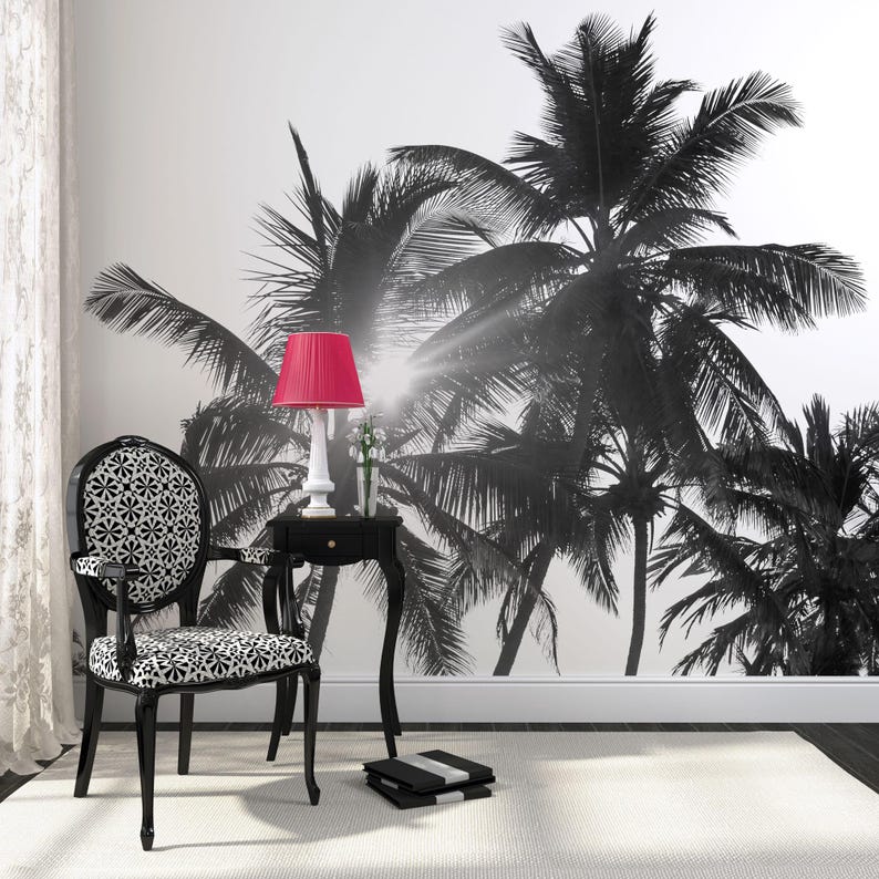 Black and White Sunny Tropical Palm Trees Wallpaper | Self Adhesive ...