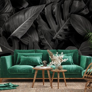 Black and white tropical leaves photo wallpaper Self adhesive Peel & Stick Repositionable removable wallpaper image 2