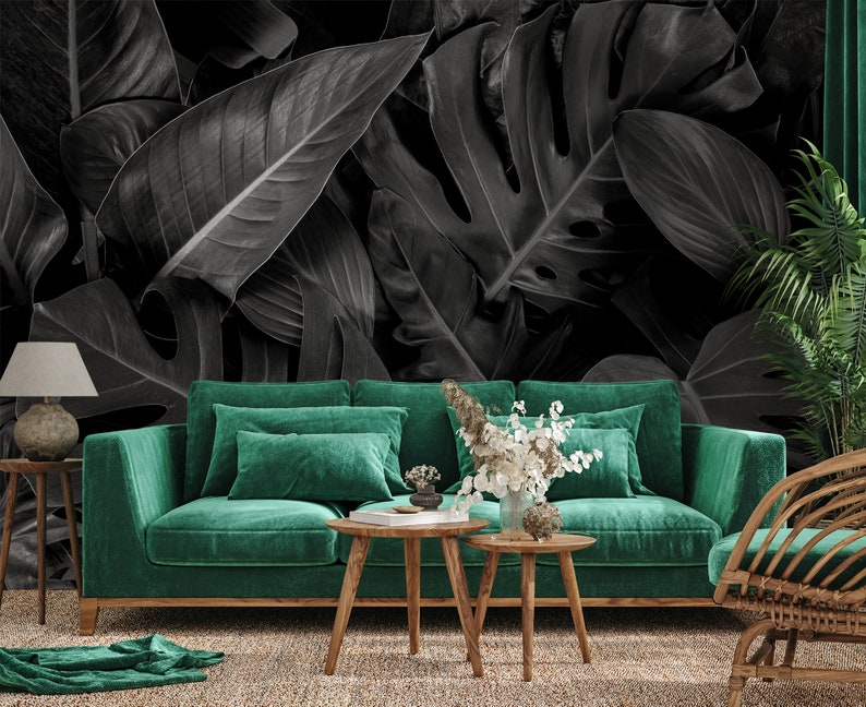 Black and white tropical leaves photo wallpaper Self adhesive Peel & Stick Repositionable removable wallpaper image 2