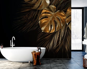 Black photo wallpaper with monstera (no metallic effects) | Self adhesive | Peel & Stick | Repositionable removable wallpaper
