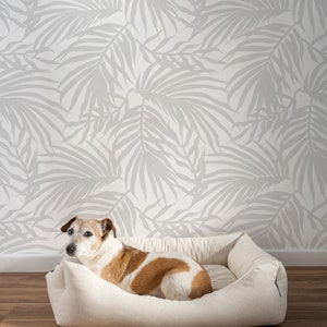 Graue Tapete mit Palmenblättern, Wandbild mit Blattdruck • Abziehen und Aufkleben *selbstklebend* oder nicht geklebte Vinylmaterialien •