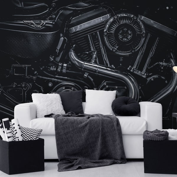 Dark motorcycle engine photo wallpaper | Self adhesive | Peel and Stick | Repositionable removable wallpaper
