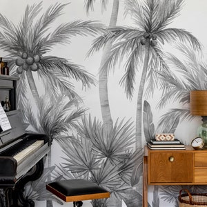 Monochrome Aquarell-Palmen-Tapete, Palmblatt-Druck, tropisches Dekor • Abziehen und Aufkleben *selbstklebend* oder nicht geklebte Vinylmaterialien •