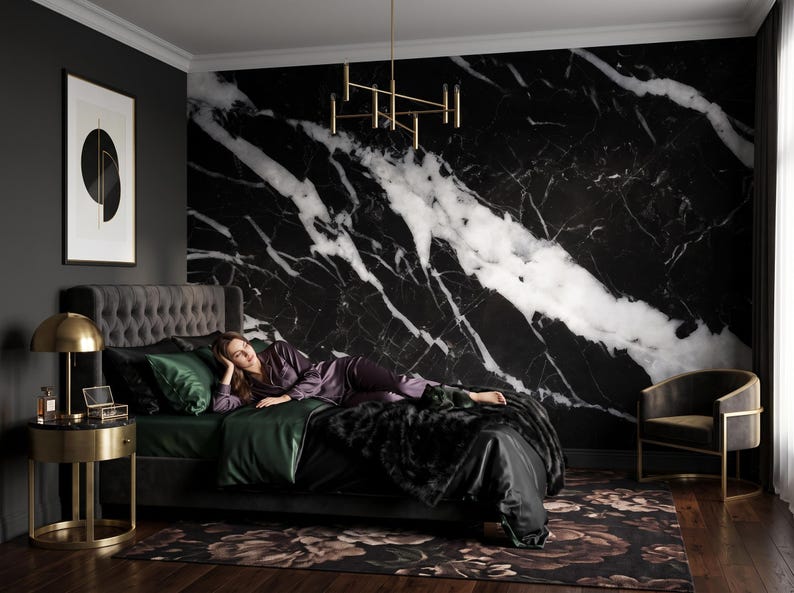Black and white marble stone surface wallpaper, polished gem mural, home decor, peel and stick *self adhesive* or traditional vinyl paper image 3