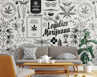 Marijuana leaves wallpaper, weed, herbs and medicine patterns | Self adhesive | Peel & Stick | Repositionable removable wallpaper