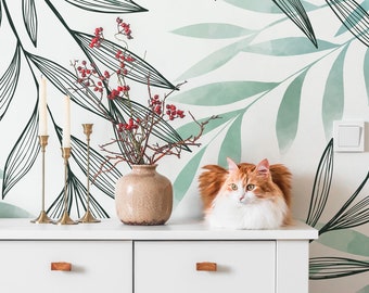 White Wallpaper with Green Accent on Leaves, Leaf Pattern, Tropical Leaf • Peel and Stick *self adhesive* or Non-Pasted Vinyl Materials •