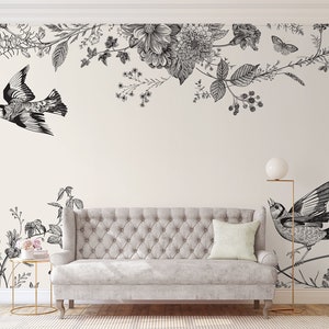 Cream white wallpaper with birds and flowers | Self adhesive | Peel & Stick | Repositionable removable wallpaper
