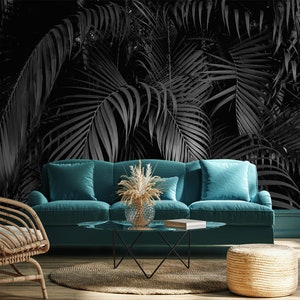 Dark palm leaves wallpaper, dark exotic jungle mural | Self adhesive | Peel & Stick | Repositionable removable wallpaper