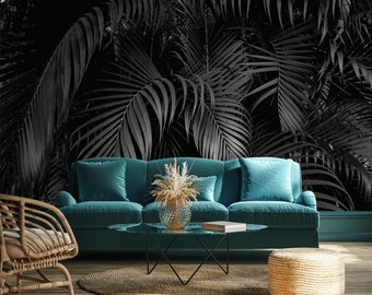 Dark palm leaves wallpaper, dark exotic jungle mural | Self adhesive | Peel & Stick | Repositionable removable wallpaper