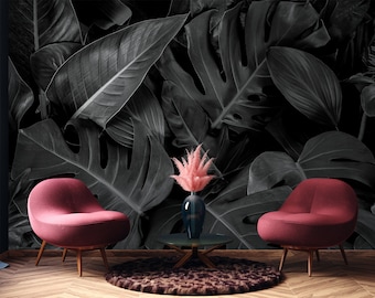Black and white tropical leaves photo wallpaper | Self adhesive | Peel & Stick | Repositionable removable wallpaper