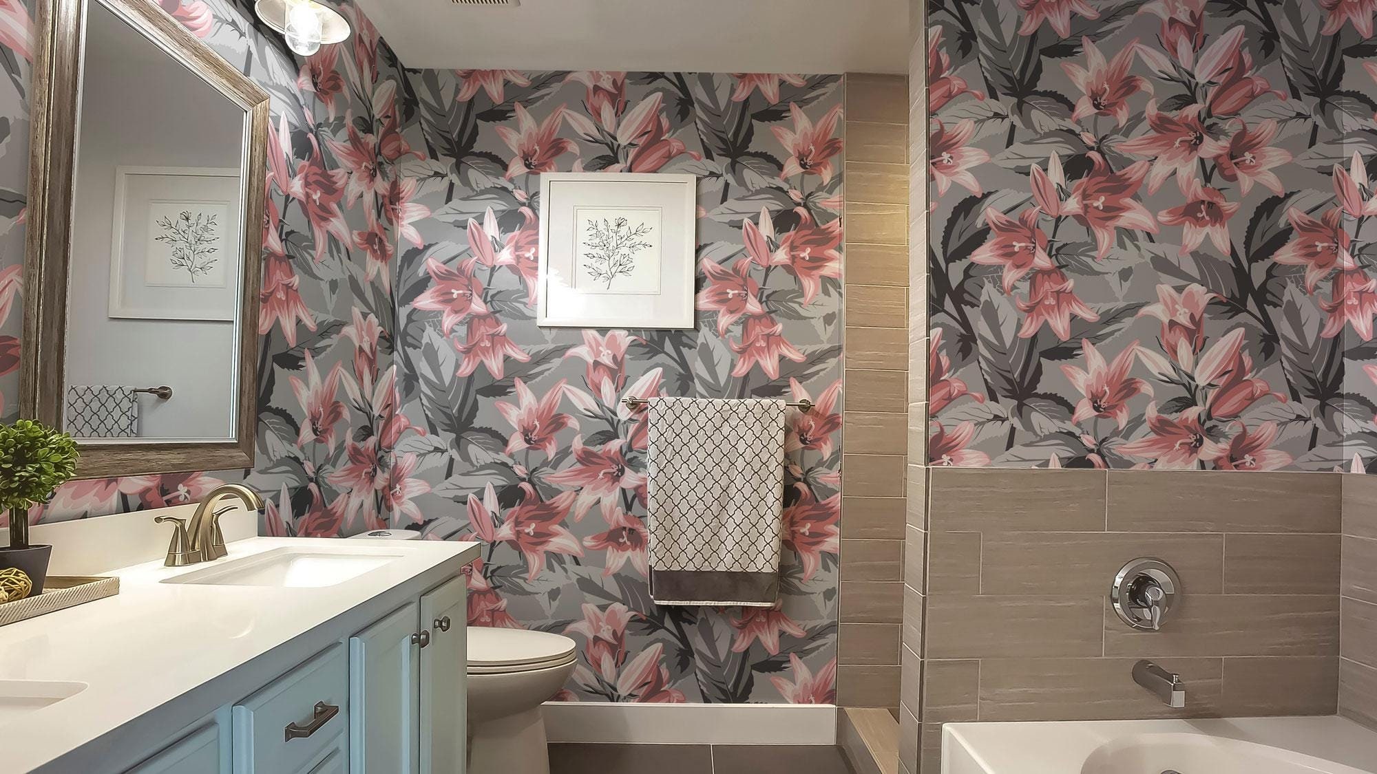 Floral Wallpaper with Pink Accent, Botanical Wall Mural • Peel and Stick *self adhesive* or Non-Pasted Vinyl Materials •