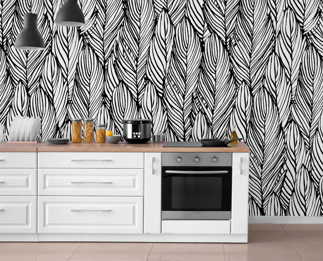 Black and White Leaf Line Art Wallpaper | Self Adhesive | Peel & Stick ...