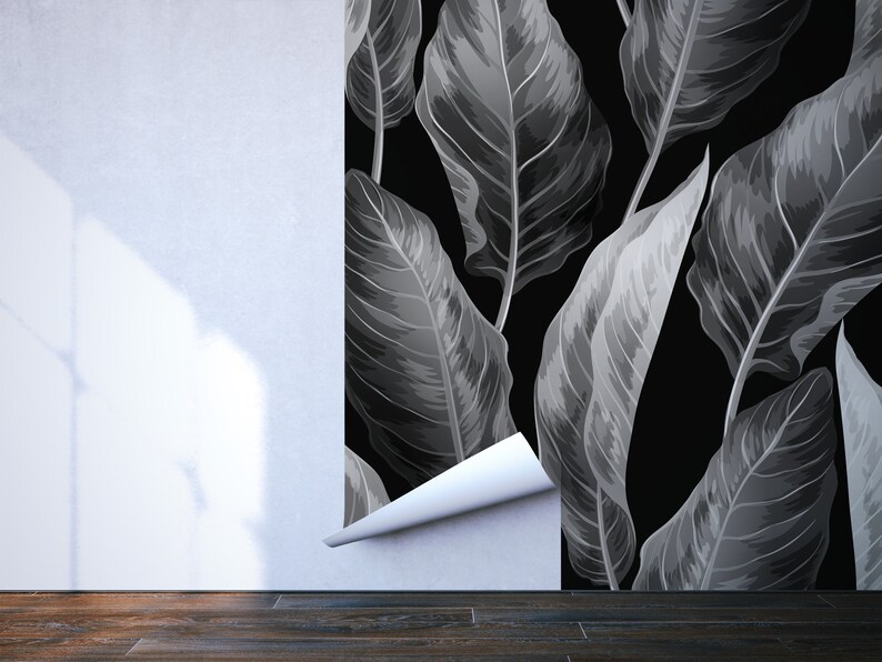 Vector Black and White Tropical Leaves Wallpaper Self Etsy