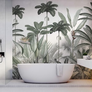 Tropical Trees Abstract Wallpaper, Faded Green Tones, White Background • Peel and Stick *self adhesive* or Non-Pasted Vinyl Materials •