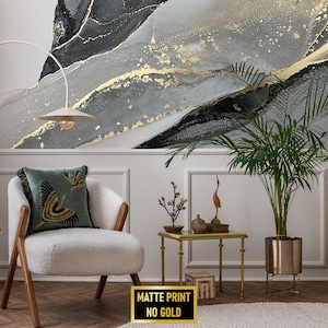 Graue und gelbe Marmor-Tintenkunst-Tapete, abstraktes Aquarell-Wandbild • Abziehen und Aufkleben *selbstklebend* oder nicht geklebte Vinylmaterialien •