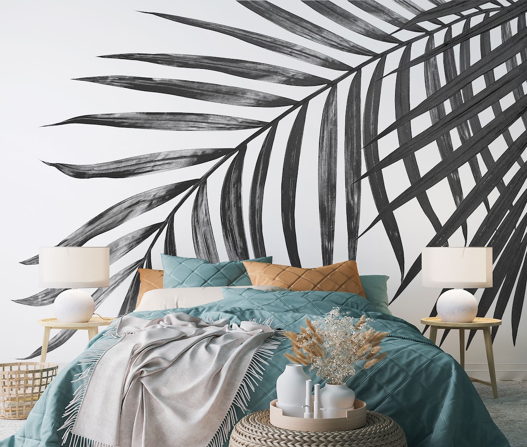 Palm Leaf Black & White Wallpaper, Tropical Leaf Wall Mural • Peel and ...