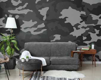 Camouflage Army Black and White Military Style Wallpaper • Peel and Stick *self adhesive* or Non-Pasted Vinyl Materials •