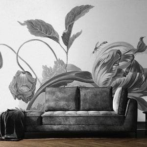 Papier peint tulipe hollandaise noir et blanc | Autocollant | Peler et coller | Papier peint amovible repositionnable