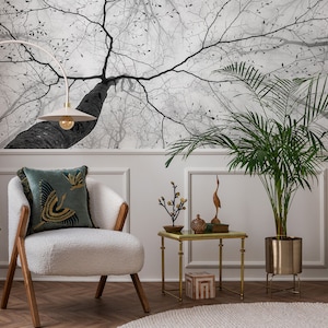 Trees bottom view photo wallpaper, black and white tree wall mural | Self adhesive | Peel & Stick | Repositionable removable wallpaper