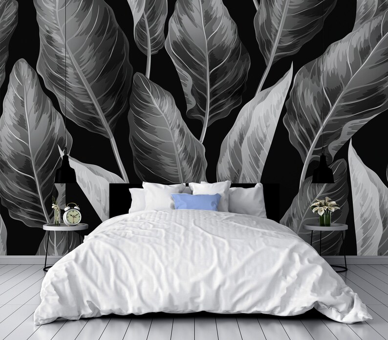 Vector Black and White Tropical Leaves Wallpaper Self Etsy