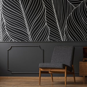 Dunkle tropische Blätter-Line-Art-Tapete, abstraktes botanisches Wandbild • Abziehen und Aufkleben *selbstklebend* oder nicht geklebte Vinylmaterialien •